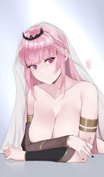Rule 34 | 1girl, absurdres, breasts, collarbone, damobelmont, detached sleeves, highres, hololive, hololive english, large breasts, leaning forward, long hair, mori calliope, nail polish, nude, pink eyes, pink hair, reflection, signature, smile, tiara, tsurime, veil, virtual youtuber, white background