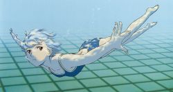 Rule 34 | 1girl, :t, absurdres, ayanami rei, barefoot, blue hair, blue one-piece swimsuit, breasts, bubble, caustics, flat chest, foreshortening, from side, highres, holding breath, neon genesis evangelion, one-piece swimsuit, outstretched arms, pale skin, pool, red eyes, scan, short hair, small breasts, solo, spread arms, swimming, swimsuit, tsurumaki kazuya, underwater