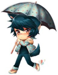 Rule 34 | 1boy, animal ears, black shirt, blue hair, blue jacket, blue pants, blue sleeves, blue umbrella, blush, closed mouth, commentary, commission, cross-laced footwear, deformed, denim, english commentary, full body, holding, holding umbrella, hood, hood down, hooded jacket, jacket, jeans, light frown, long sleeves, looking at viewer, male focus, open clothes, open jacket, original, outline, pants, pink eyes, satchely, shirt, shoes, short hair, sneakers, solo, tail, transparent background, triangle print, umbrella, water drop, white footwear, white hood, white outline, wolf ears, wolf tail, zipper, zipper pull tab