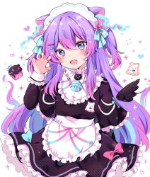 Rule 34 | 1girl, :3, animal ears, apron, bell, blue eyes, blue hair, blush, bow, brooch, capelet, cat ears, cat girl, claw pose, commentary, cookie, cross, cupcake, dress, fang, food, frilled capelet, frilled dress, frilled shirt collar, frills, hair ornament, hairclip, hand up, highres, jewelry, kokoshira 0510, long hair, looking at viewer, maid, maid headdress, multicolored hair, neck bell, open mouth, original, pink hair, purple hair, ribbon, smile, solo, stitched face, stitches, two side up, very long hair, waist apron, wings