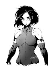 Rule 34 | 1girl, andyface, biceps, breasts, commentary, covered navel, cropped arms, cyborg, english commentary, facepaint, alita, greyscale, battle angel alita, high contrast, highres, leotard, looking at viewer, mechanical arms, medium breasts, metal skin, monochrome, muscular, muscular female, short hair, skin tight, solo, upper body