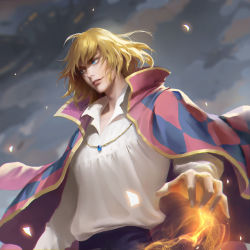 Rule 34 | 1boy, black pants, blonde hair, blue eyes, blue sky, blurry, blurry background, blurry foreground, cape, chelsea sun, chromatic aberration, collared shirt, commentary, depth of field, diamond (shape), glowing, gold necklace, highres, howl (howl no ugoku shiro), howl no ugoku shiro, jewelry, lips, long sleeves, looking away, looking to the side, magic, male focus, necklace, nose, outdoors, outstretched arm, pants, parted lips, pendant, pink cape, print cape, realistic, shirt, shirt tucked in, sky, smile, solo, teeth, upper body, upper teeth only, white shirt, wind
