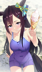 Rule 34 | absurdres, animal ears, bad id, bad pixiv id, beach, black hair, blue one-piece swimsuit, blush, bow, closed mouth, collarbone, commentary request, competition school swimsuit, ear bow, food, foreshortening, hair between eyes, hair ornament, hairclip, highres, horse ears, horse tail, ice cream, kyanitarou, long hair, looking at viewer, mejiro dober (umamusume), navel, one-piece swimsuit, purple eyes, sand, school swimsuit, sitting, solo, swimsuit, tail, umamusume, very long hair