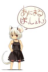 Rule 34 | 1girl, adapted costume, animal ears, barefoot, black dress, chibi, circle name, dress, full body, grey hair, hands on own hips, highres, looking at viewer, mouse ears, mouse tail, nazrin, red eyes, short hair, simple background, solo, spaghetti strap, tail, touhou, white background, yudepii