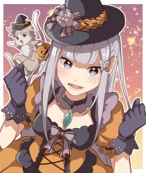 Rule 34 | 1girl, :d, alternate costume, breasts, choker, cleavage, commentary, dress, emilia (re:zero), english commentary, flower, frilled dress, frills, gem, gloves, hair flower, hair ornament, halloween costume, hat, hat flower, highres, lace, lace trim, long hair, open mouth, orange dress, pointy ears, puck (re:zero), puffy short sleeves, puffy sleeves, purple eyes, re:zero kara hajimeru isekai seikatsu, short sleeves, silver hair, smile, solo, watamato, witch hat