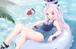 Rule 34 | 1girl, absurdres, afloat, ahoge, arashiomoto, armpits, ball, beachball, blue archive, collarbone, commentary request, demon girl, demon horns, demon wings, forehead, hair ornament, hairclip, halo, highres, hina (blue archive), hina (swimsuit) (blue archive), horns, in water, lifebuoy, long hair, looking at viewer, lying, name tag, ocean, official alternate costume, old school swimsuit, on back, one side up, parted bangs, purple eyes, sandals, school swimsuit, sidelocks, sleeveless, solo, swim ring, swimsuit, white hair, wings
