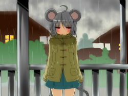 Rule 34 | 1girl, ahoge, animal ears, blush, greatmosu, grey hair, house, looking at viewer, mouse ears, mouse tail, nazrin, outdoors, pleated skirt, rain, red eyes, short hair, skirt, solo, standing, tail, thigh gap, touhou, town, tree, wet, wet clothes