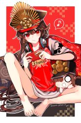 Rule 34 | 1girl, barefoot, black hair, black hat, blush, buster shirt, cellphone, character doll, closed mouth, commentary request, fate/grand order, fate (series), feet, grey skirt, hat, headphones, headphones around neck, highres, holding, holding phone, jacket, knee up, legs, letterman jacket, long hair, military hat, miniskirt, musical note, oda nobukatsu (fate), oda nobunaga (fate), oda nobunaga (swimsuit berserker) (fate), oda nobunaga (swimsuit berserker) (first ascension) (fate), phone, red eyes, shirt, sitting, skirt, smile, solo, speech bubble, toenails, toes, twitter username, yui (tamagohan)