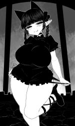 Rule 34 | 1girl, :3, animal ears, bare arms, black footwear, blunt bangs, blush, braid, breasts, cat ears, curvy, dress, extra ears, fang, greyscale, haseru (ginku mh), high heels, kaenbyou rin, large breasts, leg up, monochrome, naughty face, panties, panty pull, plump, pointy ears, puffy short sleeves, puffy sleeves, seductive smile, short dress, short sleeves, smile, solo, thick thighs, thighs, touhou, twin braids, underwear, wide hips