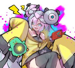 Rule 34 | 1girl, 2u3ep033, :d, bare shoulders, bellibolt, blue hair, bow-shaped hair, character hair ornament, creatures (company), game freak, gen 4 pokemon, hair between eyes, hair ornament, highres, iono (pokemon), jacket, looking at viewer, multicolored hair, nintendo, open mouth, pink hair, pokemon, pokemon (creature), pokemon sv, rotom, rotom phone, sharp teeth, single thighhigh, sleeves past fingers, sleeves past wrists, smile, teeth, thighhighs, twintails, two-tone hair, upper teeth only, yellow jacket