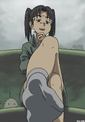 Rule 34 | 1girl, :d, amasawa yuuko, artist name, brown eyes, commentary, couch, crossed legs, dennou coil, foreshortening, from below, goggles, green jacket, green skirt, grey background, grey socks, hand on own chin, jacket, long hair, looking at viewer, looking down, lowres, mojo (dennou coil), on couch, open mouth, parted bangs, presenting foot, sitting, skirt, smile, socks, soles, solo, teeth, twintails, upper teeth only, yuuya (yu-ya&#039;s)