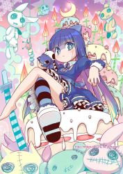 Rule 34 | 10s, 1girl, amimi, barefoot, blue eyes, blue hair, blue thighhighs, blush, bow, cake, candle, colored inner hair, cross, crossed legs, doll, food, hair bow, jpeg artifacts, legs, long hair, long sleeves, matching hair/eyes, multicolored hair, panty &amp; stocking with garterbelt, pink hair, shoes, single shoe, single sock, sitting, skirt, socks, solo, stocking (psg), striped clothes, striped socks, striped thighhighs, stuffed animal, stuffed toy, sword, thighhighs, weapon