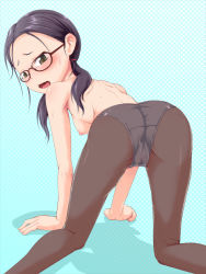 Rule 34 | 1girl, all fours, ass, blush, breasts, female focus, glasses, nipples, oinari sanda, open mouth, panties, panties under pantyhose, pantyhose, solo, topless, underwear