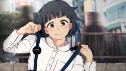 Rule 34 | 1girl, adjusting strap, badge, black hair, blouse, blue skirt, blunt bangs, blurry, blurry background, bob cut, breast pocket, brown eyes, building, button badge, casual, cityscape, close-up, closed mouth, commentary, depth of field, hair strand, hands up, head tilt, highres, holding strap, leaning to the side, long sleeves, looking at viewer, messy hair, motion blur, original, people, pocket, portrait, railing, russian commentary, russian text, servachok, shirt, short hair, skirt, solo, stone wall, suspender skirt, suspenders, tanya (servachok), translated, w arms, wall, white shirt