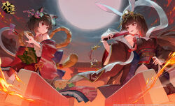 2girls animal_ears black_dress black_ribbon blunt_bangs breasts brown_footwear brown_hair cat_ears cat_girl cat_tail closed_mouth commentary_request cowboy_shot dress full_moon hagoromo hair_ribbon highres ichihime japanese_clothes kaguyahime_(mahjong_soul) kimono korean_commentary looking_at_another looking_to_the_side mahjong mahjong_soul mahjong_tile medium_breasts moon multiple_girls obi off_shoulder official_art open_mouth penguinbutler rabbit_ears rabbit_girl red_eyes red_kimono ribbon rope sash shawl shimenawa short_hair smile tail torii wide_sleeves