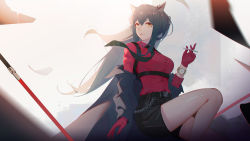 Rule 34 | 1girl, animal ears, arknights, belt, black belt, black hair, black skirt, chain, cigarette, closed mouth, feet out of frame, gloves, harness, highres, holding, holding cigarette, j fang, lips, long hair, looking at viewer, official alternate costume, orange eyes, red gloves, red shirt, shirt, simple background, sitting, skirt, solo, suspenders, texas (arknights), texas (willpower) (arknights), watch, wolf ears