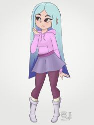 Rule 34 | 1girl, andrea davenport, blue hair, boots, brown eyes, colored eyelashes, freckles, full body, light blue hair, long hair, multicolored hair, purple footwear, purple sweater, smile, solo, streaked hair, sweater, the ghost and molly mcgee, user cxfn3824
