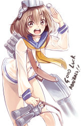 Rule 34 | 1girl, binoculars, blue sailor collar, brown eyes, brown hair, commentary, dress, english commentary, english text, feet out of frame, headgear, headset, kantai collection, leaning forward, looking at viewer, moeufocatcher, neckerchief, open mouth, round teeth, sailor collar, sailor dress, salute, short hair, solo, speaking tube headset, teeth, torpedo launcher, turret, upper teeth only, white background, yellow neckerchief, yukikaze (kancolle)