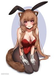 Rule 34 | 1girl, animal ear fluff, animal ears, black pantyhose, blue background, breast tattoo, breasts, brown hair, cleavage, covered navel, fake animal ears, female focus, gloves, hairband, highres, kneeling, large breasts, leotard, long hair, noiretox, pantyhose, playboy bunny, purple background, rabbit ears, raccoon girl, raccoon tail, raphtalia, red leotard, simple background, slave tattoo, solo, strapless, strapless leotard, tail, tate no yuusha no nariagari, tattoo, white background, white gloves, wide hips, wrist cuffs