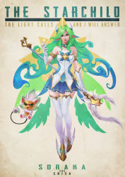 Rule 34 | 1girl, absurdres, alternate costume, alternate hair color, alternate hairstyle, ankle wings, armlet, boots, breasts, character name, choker, closed eyes, commentary, dress, elbow gloves, eyelashes, eyeshadow, facing viewer, full body, gem, gloves, green hair, hairpods, highres, league of legends, long hair, magical girl, makeup, medium breasts, monori rogue, short dress, solo, soraka (league of legends), staff, star guardian (league of legends), star guardian soraka, strapless, strapless dress, thigh boots, thighhighs, very long hair, white gloves, wings, zettai ryouiki