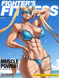 Rule 34 | 1girl, abs, biceps, blonde hair, blue eyes, breasts, cleavage, cover, domino mask, english text, hair pulled back, highres, large breasts, lips, long hair, looking at viewer, magazine cover, makeup, mask, mootium, muscular, muscular female, navel, rainbow mika, smile, solo, street fighter, thick thighs, thighs, twintails, twitter username, wrestling mask