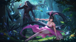 Rule 34 | 1boy, 1girl, absurdres, black hair, blood, blood on face, blood on hands, blue hair, bug, butterfly, douluo dalu, dress, forest, highres, insect, long hair, mushroom, nature, ninja, pink dress, ponytail, tang san, thighhighs, very long hair, xiao wu (douluo dalu), ying45427