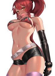 Rule 34 | 1girl, absurdres, bare shoulders, belt, bikini, bikini top only, black bikini, black gloves, black shorts, breasts, clyde s, covered mouth, elbow gloves, flame print, gloves, hair ornament, highres, large breasts, long hair, looking at viewer, navel, pink thighhighs, ponytail, red hair, revealing clothes, short shorts, shorts, skull hair ornament, solo, string bikini, studded belt, sweat, swimsuit, tengen toppa gurren lagann, thighhighs, underboob, white background, white belt, yellow eyes, yoko littner