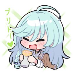 Rule 34 | 1girl, :d, = =, ahoge, akamirai, aqua hair, assault lily, black choker, blush, braid, brown jacket, burrito, buttons, chibi, choker, closed eyes, collared shirt, commentary request, cropped torso, eating, fang, food, green background, hair between eyes, hand up, heart, holding, holding food, jacket, jacket on shoulders, jewelry, long hair, long sleeves, miwada rito, name connection, necklace, object namesake, open mouth, pendant, pun, school uniform, shirt, side braid, single braid, smile, solo, swept bangs, translated, two-tone background, upper body, white background, white shirt
