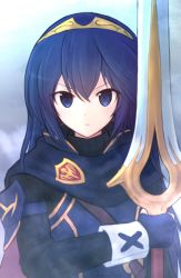 Rule 34 | 1girl, blue eyes, blue gloves, blue hair, closed mouth, dark blue hair, falchion (fire emblem), fingerless gloves, fire emblem, fire emblem awakening, frown, gloves, hair between eyes, holding, holding sword, holding weapon, long hair, long sleeves, looking at viewer, lucina (fire emblem), nintendo, solo, suta (clusta), sword, tiara, turtleneck, v-shaped eyebrows, very long hair, weapon