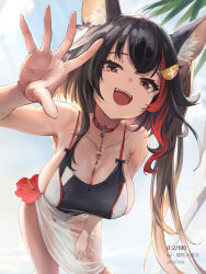 Rule 34 | 1girl, :d, absurdres, animal ear fluff, animal ears, black hair, breasts, brown eyes, cleavage, collar, collarbone, hair ornament, hairclip, highres, hololive, large breasts, leaning forward, long hair, looking at viewer, multicolored hair, one-piece swimsuit, ookami mio, open mouth, qiaogun damodao, red hair, see-through, side ponytail, smile, solo, streaked hair, swimsuit, very long hair, virtual youtuber, wolf ears, wolf girl