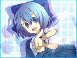 Rule 34 | 1girl, amase (siki696), blue eyes, blue hair, bow, cirno, hair bow, matching hair/eyes, solo, embodiment of scarlet devil, touhou, v