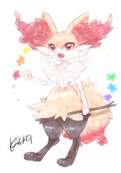 Rule 34 | 1girl, animal ear fluff, animal ears, animal feet, animal nose, arm at side, artist name, black fur, body fur, braixen, creatures (company), fangs, female focus, fox ears, fox girl, fox tail, furry, furry female, game freak, gen 6 pokemon, hand up, holding, holding stick, looking at viewer, multicolored fur, narrow waist, natsumekan, neck fur, nintendo, open mouth, pokemon, pokemon (creature), red eyes, signature, snout, solo, star (symbol), stick, tail, white background, white fur, yellow fur