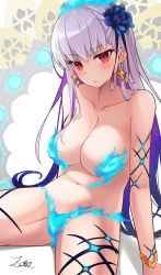 Rule 34 | 1girl, absurdres, bare shoulders, blue fire, blue hair, blush, body markings, bracelet, breasts, earrings, fate/grand order, fate (series), fire, flower, hair flower, hair ornament, hair ribbon, highres, jewelry, kama (fate), kama (swimsuit avenger) (fate), kama (swimsuit avenger) (third ascension) (fate), large breasts, long hair, looking at viewer, lotus, multicolored hair, navel, red eyes, ribbon, silver hair, sitting, solo, star (symbol), star earrings, thighs, two-tone hair, z.m. (zimin)
