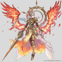 Rule 34 | 1girl, alternate costume, armor, braid, breastplate, fiery wings, fire, gold armor, helmet, highres, lenneth valkyrie, long hair, low-braided long hair, low-tied long hair, nishiki areku, official art, shoulder armor, shoulder pads, silver hair, valkyrie, valkyrie anatomia, valkyrie profile (series), wings