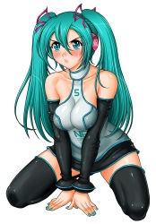 Rule 34 | 1girl, alternate costume, aoyama sunao, aqua eyes, aqua hair, blush, breasts, cleavage, detached sleeves, female focus, full body, hair ribbon, hatsune miku, headphones, kneeling, large breasts, pout, ribbon, simple background, skirt, solo, thighhighs, twintails, vocaloid, white background