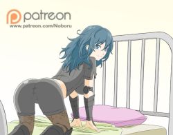 Rule 34 | armored boots, ass, bed, blue eyes, blue hair, boots, breasts, byleth (female) (fire emblem), byleth (fire emblem), closed mouth, fire emblem, fire emblem: three houses, hair between eyes, knee boots, lace, lace-trimmed legwear, lace trim, leggings, leggings under shorts, looking at viewer, midriff, nintendo, pantyhose, pillow, print pantyhose, shorts, solo, thighs