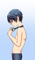 Rule 34 | 1boy, artist request, black jammers, black male swimwear, blue background, cowboy shot, from side, goggles, goggles around neck, high speed!, jammers, looking down, male focus, male swimwear, nanase haruka (free!), simple background, solo, swimsuit, tagme