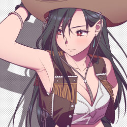 Rule 34 | 1girl, andrian januar adilia, arm up, armpits, black gloves, black hair, bracelet, breasts, brown hat, brown vest, cleavage, closed mouth, collarbone, cowboy hat, cowgirl (western), crisis core final fantasy vii, crop top, final fantasy, final fantasy vii, gloves, hat, highres, indonesian commentary, jewelry, leather vest, long hair, medium breasts, polka dot, polka dot background, shadow, shirt, sleeveless, sleeveless shirt, solo, tifa lockhart, tifa lockhart (cowgirl), upper body, vest, white background, white shirt