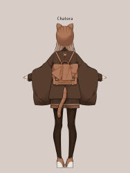 Rule 34 | 1girl, absurdres, animal ears, backpack, bag, bow, briefcase, brown bow, brown coat, brown footwear, brown hair, brown hat, brown pantyhose, brown shorts, cat ears, cat tail, coat, facing away, fake animal ears, fake tail, fashion, from behind, grey background, hanatsuki, hat, hat with ears, highres, long hair, long sleeves, original, outstretched arms, pantyhose, pantyhose under shorts, paw print, shoes, shorts, simple background, solo, standing, tail