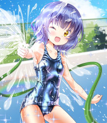 Rule 34 | 1girl, ;d, bare arms, bare shoulders, blue hair, blue one-piece swimsuit, blush, breasts, covered navel, fang, gochuumon wa usagi desu ka?, jouga maya, looking at viewer, old school swimsuit, one-piece swimsuit, one eye closed, open mouth, pool, school swimsuit, short hair, skin tight, small breasts, smile, solo, swimsuit, wet, wet clothes, yellow eyes, yu-ka0919