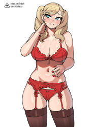 Rule 34 | 1girl, artist logo, bare arms, bare shoulders, black thighhighs, blonde hair, blue eyes, bra, breasts, brown thighhighs, cameltoe, cleavage, commentary, cowboy shot, donburi (donburikazoku), earrings, english commentary, fanbox username, foreshortening, garter belt, jewelry, large breasts, lingerie, long hair, nail polish, navel, panties, patreon username, persona, persona 5, red bra, red nails, red panties, simple background, skindentation, solo, standing, stomach, stud earrings, swept bangs, takamaki anne, thighhighs, thighs, underwear, underwear only, white background