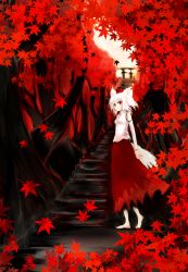 Rule 34 | 1girl, acryl, animal ears, autumn, bad id, bad pixiv id, barefoot, detached sleeves, female focus, hat, highres, inubashiri momiji, leaf, maple leaf, red eyes, short hair, solo, stairs, tail, tokin hat, touhou, tree, white hair, wolf ears, wolf tail