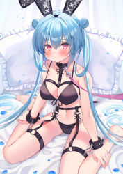 Rule 34 | 1girl, animal ears, bare shoulders, barefoot, bed sheet, bikini, black bikini, black hairband, blue hair, blush, breasts, chest harness, cleavage, closed mouth, collarbone, commentary request, double bun, ebihara beniko, fake animal ears, frilled pillow, frills, front-tie bikini top, front-tie top, hair between eyes, hair bun, hairband, harness, highres, leotard, long hair, looking at viewer, medium breasts, o-ring, original, petals, pillow, playboy bunny, purple eyes, rabbit ears, sitting, solo, swimsuit, thighs, twintails, very long hair