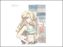 Rule 34 | 1girl, alcohol, beer, beer mug, black border, blonde hair, blue eyes, border, breasts, camouflage, crop top, cup, dated, dripping, female focus, hair over one eye, hand on own hip, large breasts, lips, long hair, looking back, meiz, mug, muscular, original, painting (medium), solo, tank top, toned, traditional media, watercolor (medium), white background
