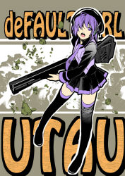 Rule 34 | 1girl, beret, black footwear, black hat, black skirt, black sleeves, boots, carrying, carrying under arm, character name, collared shirt, commentary request, debris, english text, explosion, full body, hair over one eye, hat, highres, holding cannon, looking at viewer, looking up, maki (nasulily), necktie, one eye covered, open mouth, outline, pleated skirt, purple eyes, purple hair, purple necktie, purple shirt, robot ears, shirt, short hair, skirt, solo, thigh boots, utane uta, utau, white outline
