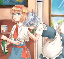 Rule 34 | 2girls, alice margatroid, apron, bent over, blonde hair, blue eyes, bottle, bow, braid, capelet, chest of drawers, commentary, dress, gloom (expression), hair bow, hairband, head on another&#039;s shoulder, hijiki (hijiri st), indoors, izayoi sakuya, leaning on person, lolita hairband, looking at viewer, multiple girls, no headwear, painting (object), parted lips, photo (object), picture frame, ribbon, sash, shaded face, shinki (touhou), short hair, short sleeves, silver hair, sweatdrop, touhou, touhou (pc-98), twin braids, waist apron, window
