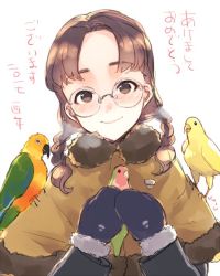 Rule 34 | 1girl, akeome, animal, bird, bird request, blush, braid, breath, brown coat, brown eyes, chinese zodiac, closed mouth, coat, commentary, dated, fukuda haru, girls und panzer, glasses, hair over shoulder, happy new year, head tilt, holding, holding animal, holding bird, long hair, long sleeves, looking at viewer, mittens, new year, parted bangs, round eyewear, smile, solo, standing, translated, twin braids, twintails, umiu (hoge), upper body, white background, year of the rooster