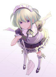 Rule 34 | 1boy, androgynous, black gloves, broom, from above, gloves, green hair, highres, holding, holding broom, lio fotia, looking at viewer, maid, maid headdress, male focus, promare, purple eyes, rice (rice8p), short hair, sidelocks, solo, trap