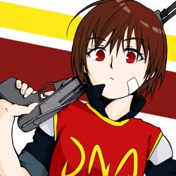Rule 34 | 1girl, arc the lad iii, bandage on face, bandages, cheryl (arc the lad), closed mouth, gun, highres, holding, holding gun, holding weapon, looking at viewer, norao, red eyes, red hair, short hair, solo, weapon