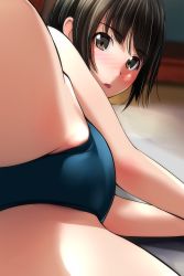 Rule 34 | 1girl, absurdres, blue one-piece swimsuit, blush, brown eyes, brown hair, highres, looking at viewer, matsunaga kouyou, one-piece swimsuit, original, short hair, solo, swimsuit, thighs